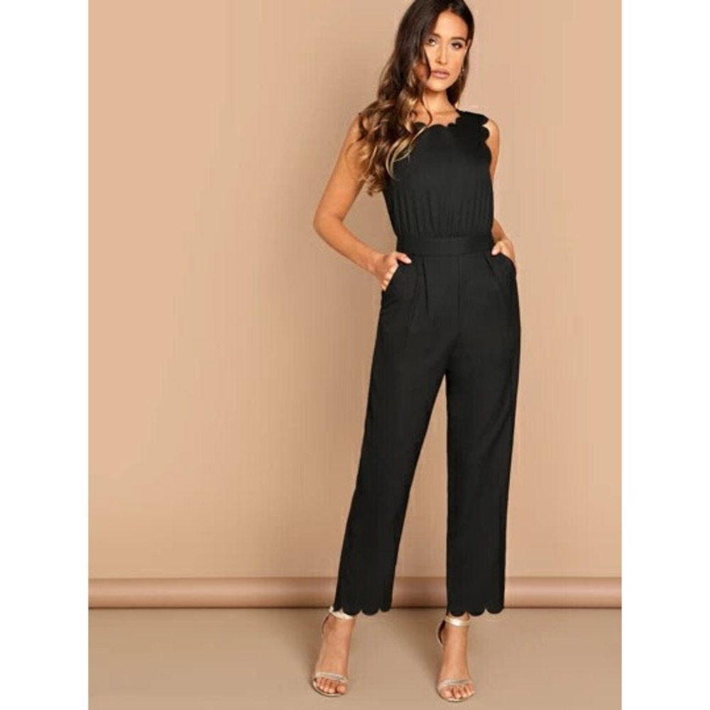 SHEIN Women's Black Sleeveless Pant Jumpsuit‎ w/ Scallop Trim Size S US